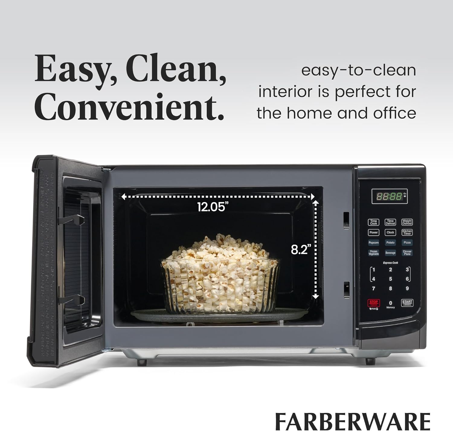Farberware 0.9 Cu. Ft. Countertop Microwave Oven – 900 Watts Power, Auto Cook Settings, Defrost, Easy Clean and Child Safety Lock - Black