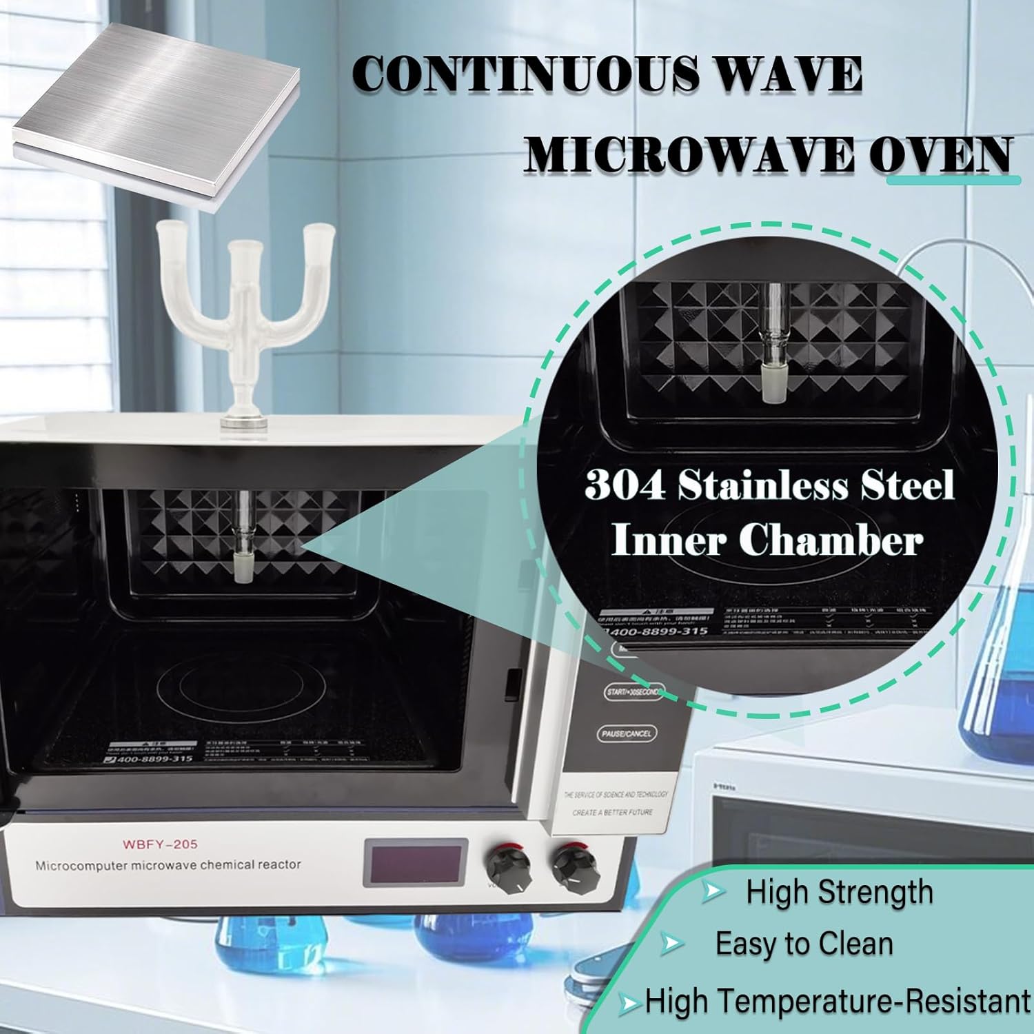 Lab Microwave Reactor Continuous Radiation Oven 800W Output,with Magnetic Stirring 1.7-16.9fl.oz,304 Stainless Steel Chamber, Safety Auto-Stop,0-1800rpm,LCD Display 220V 1PH