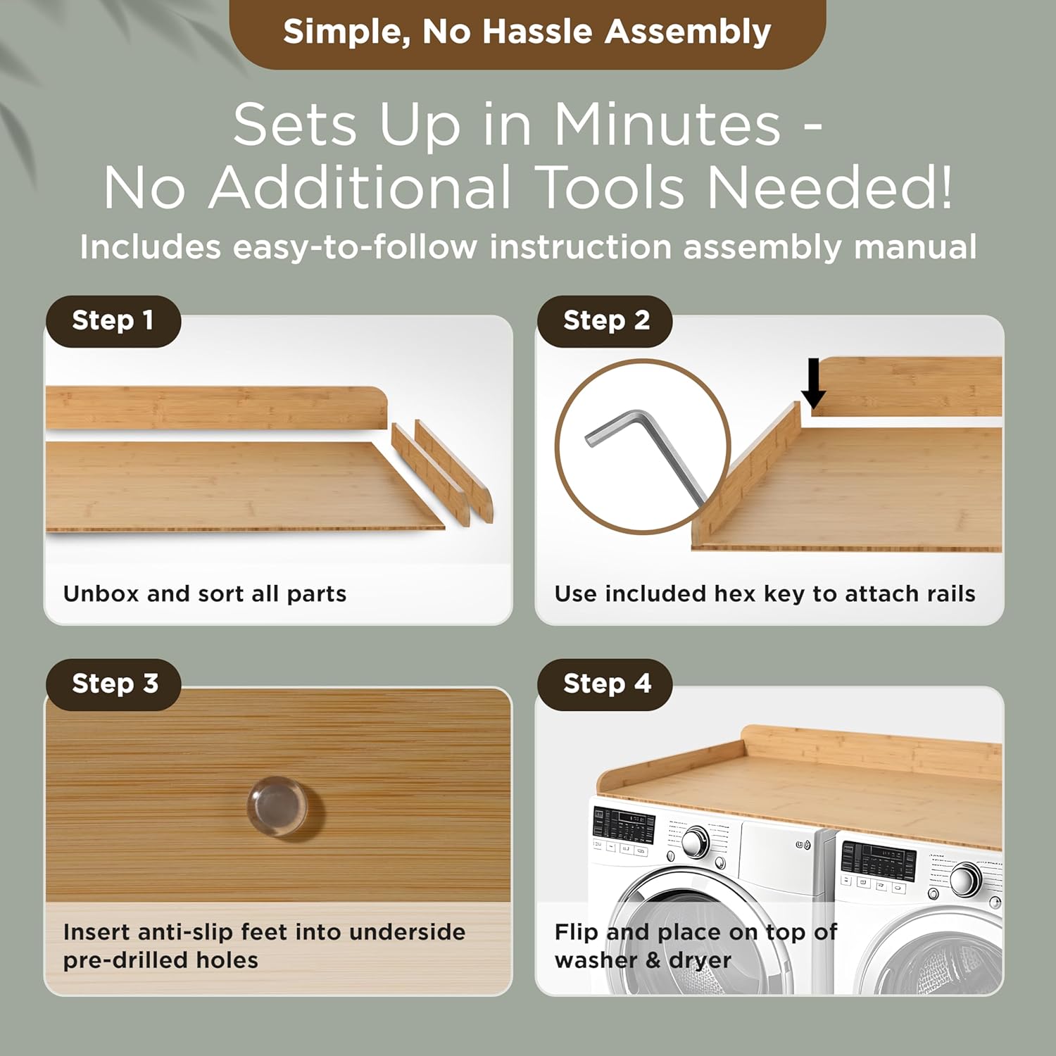 Solid Bamboo Washer Dryer Countertop, Laundry Wood Shelf Topper with Non-Slip Pads, Edge Rails and High Back Rail for Laundry Room Storage & Organization, Washer Dryer Counter Storage, 25