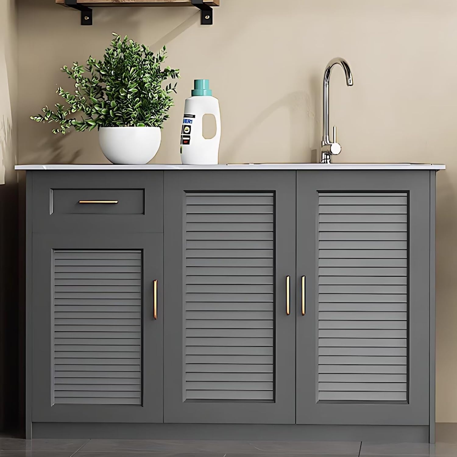 Outdoor Kitchen Cabinet with Light Grey Aluminum Panel Cabinet,Sink Cabinet Includes Metal Handle,Spacious Lockers,Stainless Steel Sink for Garden,Balcony(55.12IN)