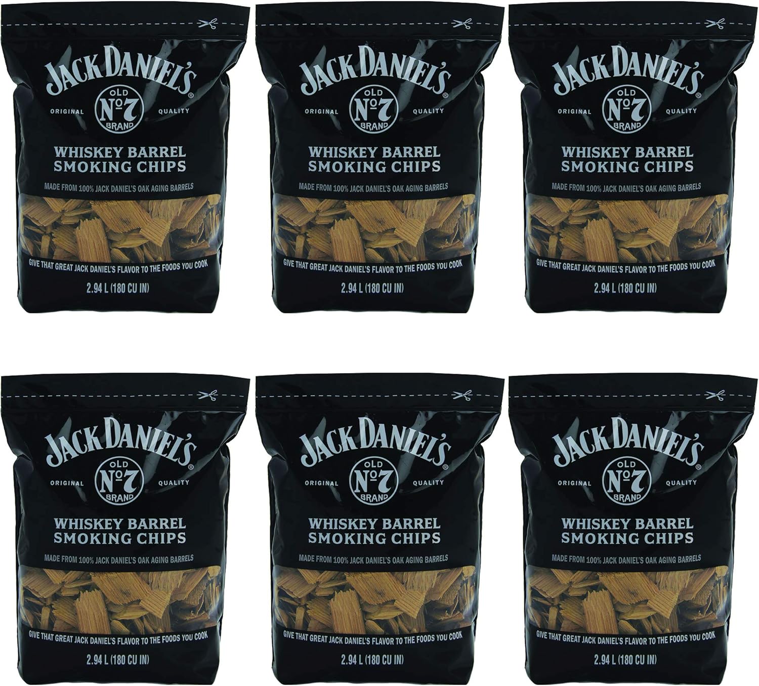Jack Daniel's Tennessee Whiskey Barrel Smoking Oak Wood Chips for Charcoal, Gas, or Electric Grills and Smokers, 180 Cubic Inches (6 Pack)