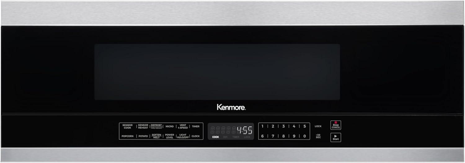 Kenmore KMOMJK12S2SW-10 Low Profile Over The Range Microwave Hood Combination Steam & Sensor Cooking, 11 Power Levels, 1.2 Cu Ft, Stainless Steel