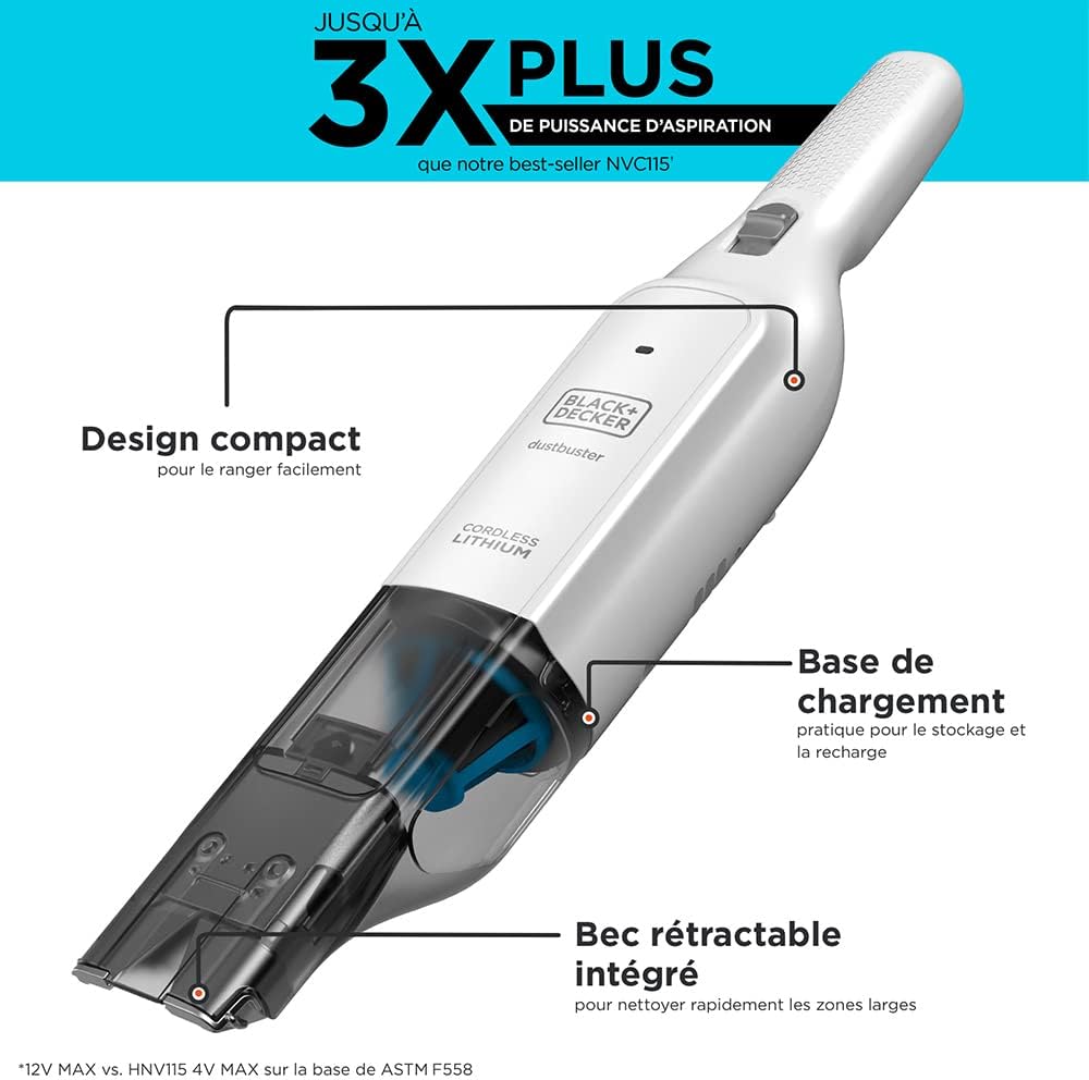 BLACK+DECKER, Pelicano handheld vacuum cleaner. 12V power supply and 1.5Ah Lithium battery. Extendable and open nozzle, basic charger and accessories, Multicolor