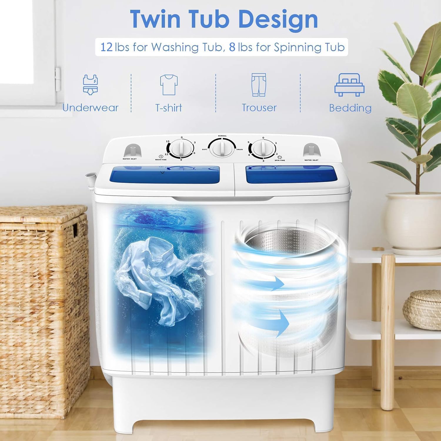RELAX4LIFE Portable Twin Tub 20 LBS Capacity Laundry Washer & Spinner, Timer, Semi-Automatic Mini Washer and Dryer Combo for Apartment Dorm RV