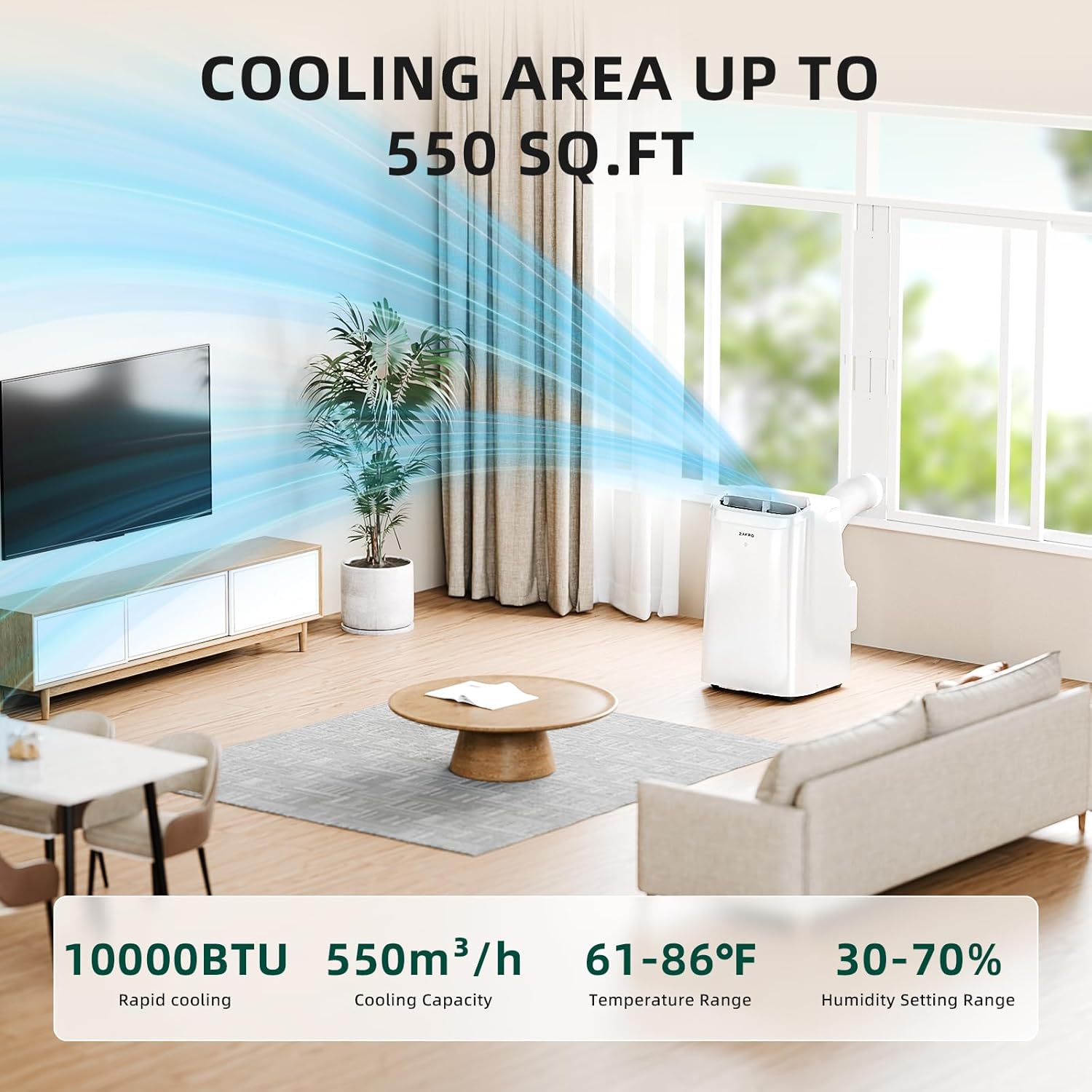 ZAFRO Portable Air Conditioners 10000 BTU (6000 BTU SACC), Portable AC with Fan & Dehumidifier, 24Hrs Timer with APP/Remote/Timer/LED Display