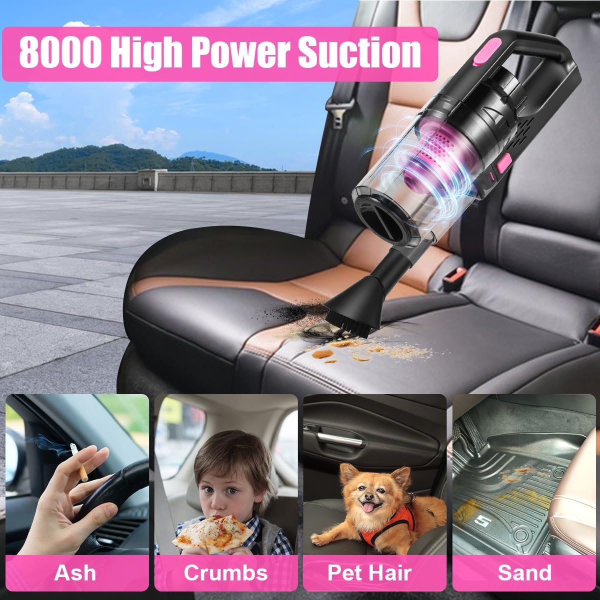 Viewsun Car Vacuum Cordless Rechargeable, 8000PA High Power Handheld Vacuum Cleaner with 31PCS Car Cleaning Kit, Auto Accessories for Women Gift