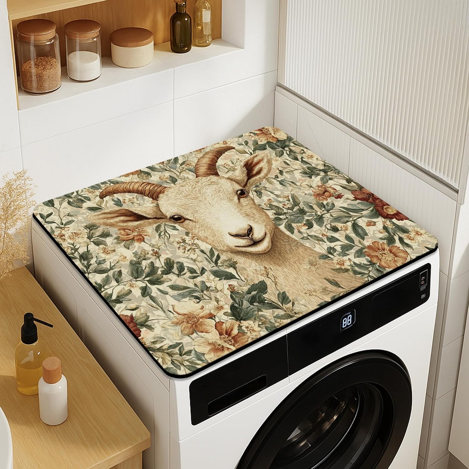 Floral Washer Dryer Top Protector Mat, Vintage Botanical Laundry Machine Dust Covers, Elegant Rubber Anti-slip Waterproof Washer And Dryer Mats for Home 20x24 Inch