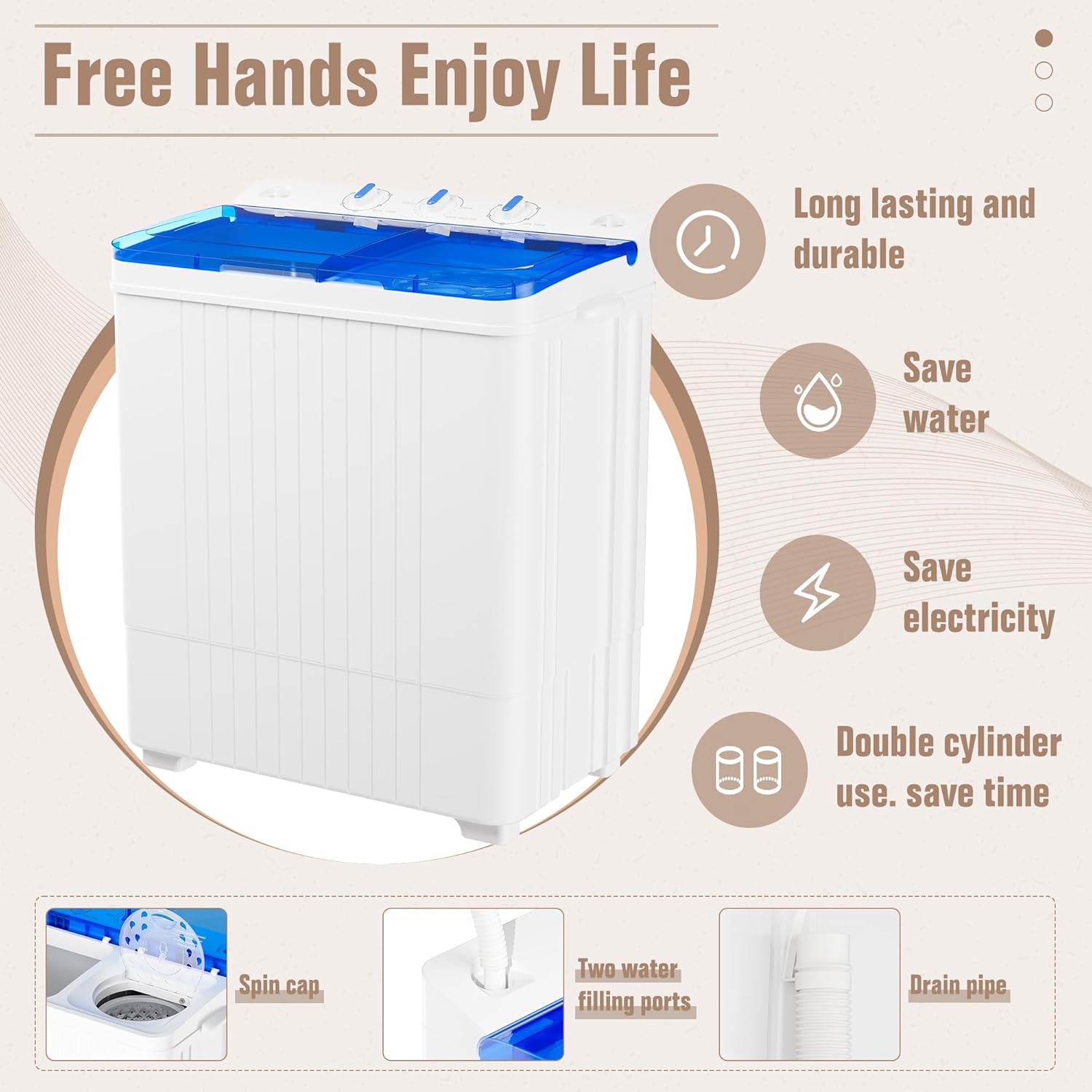Bonusall Portable Washing Machine，28 lbs Mini Washer and Spin Dryer Combo, Built-in Gravity Drain,Compact Laundry Washer with Drain Pump & Timer Control for Apartments, Dorms, RVs- Blue
