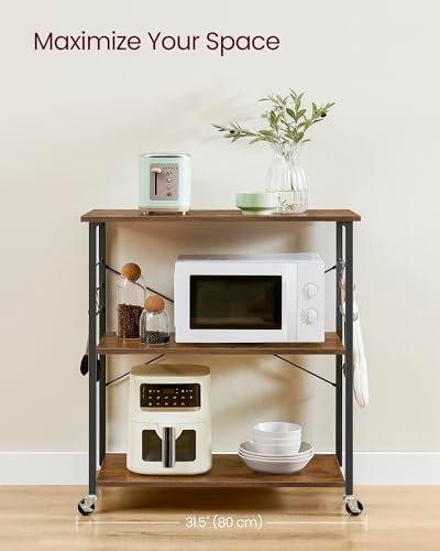 VASAGLE Kitchen Shelf on Wheels, 31.5 Inches Serving Cart with 3 Shelves, Kitchen Cart, Microwave Shelf, for Mini Oven, Toaster, with 6 Hooks, Industrial Style, Rustic Brown and Ink Black UKKS067K01