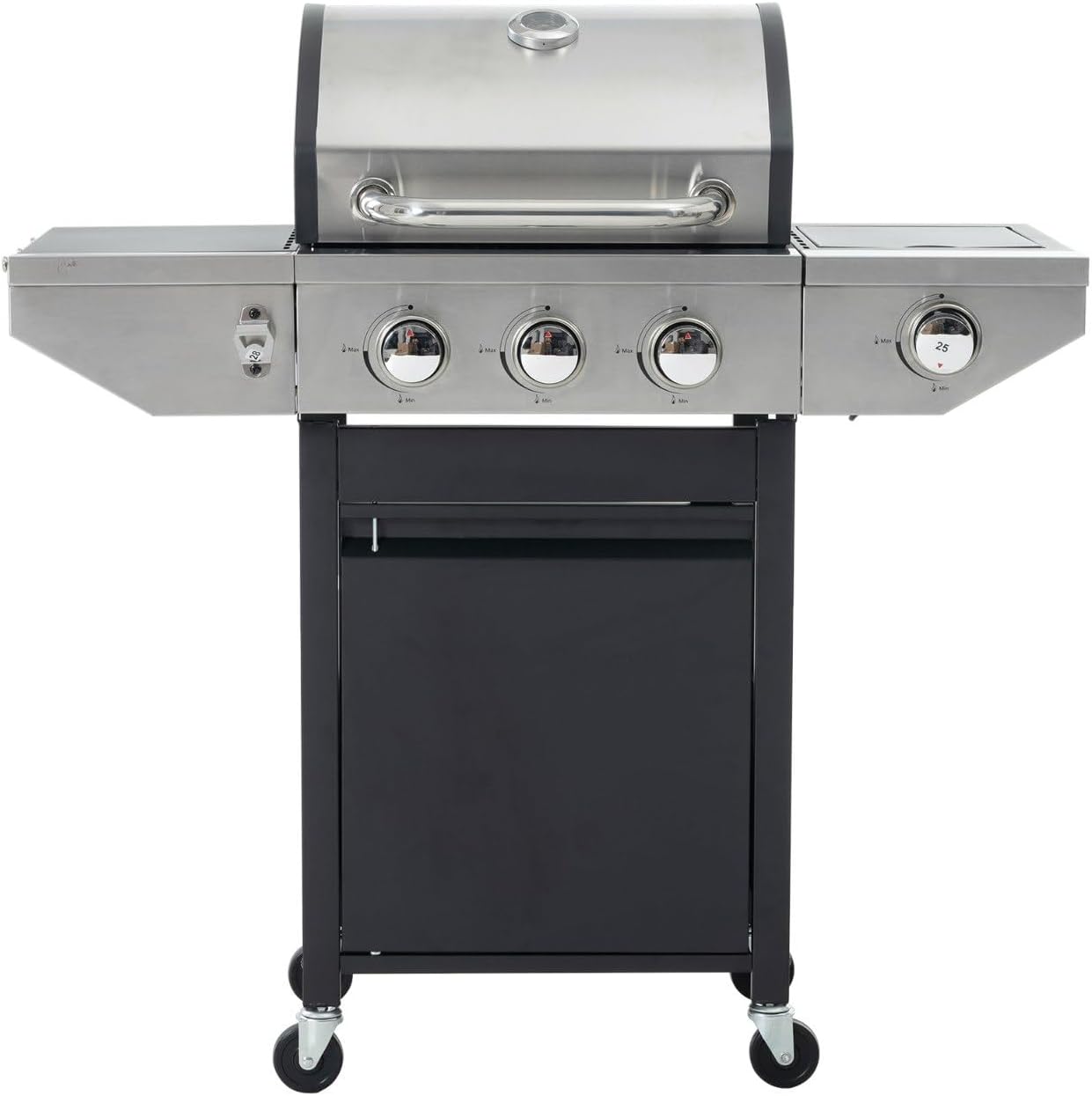 Stainless Steel 3-Burner Propane Gas Grill with Side Burner and Thermometer - Outdoor BBQ and Camping Grill