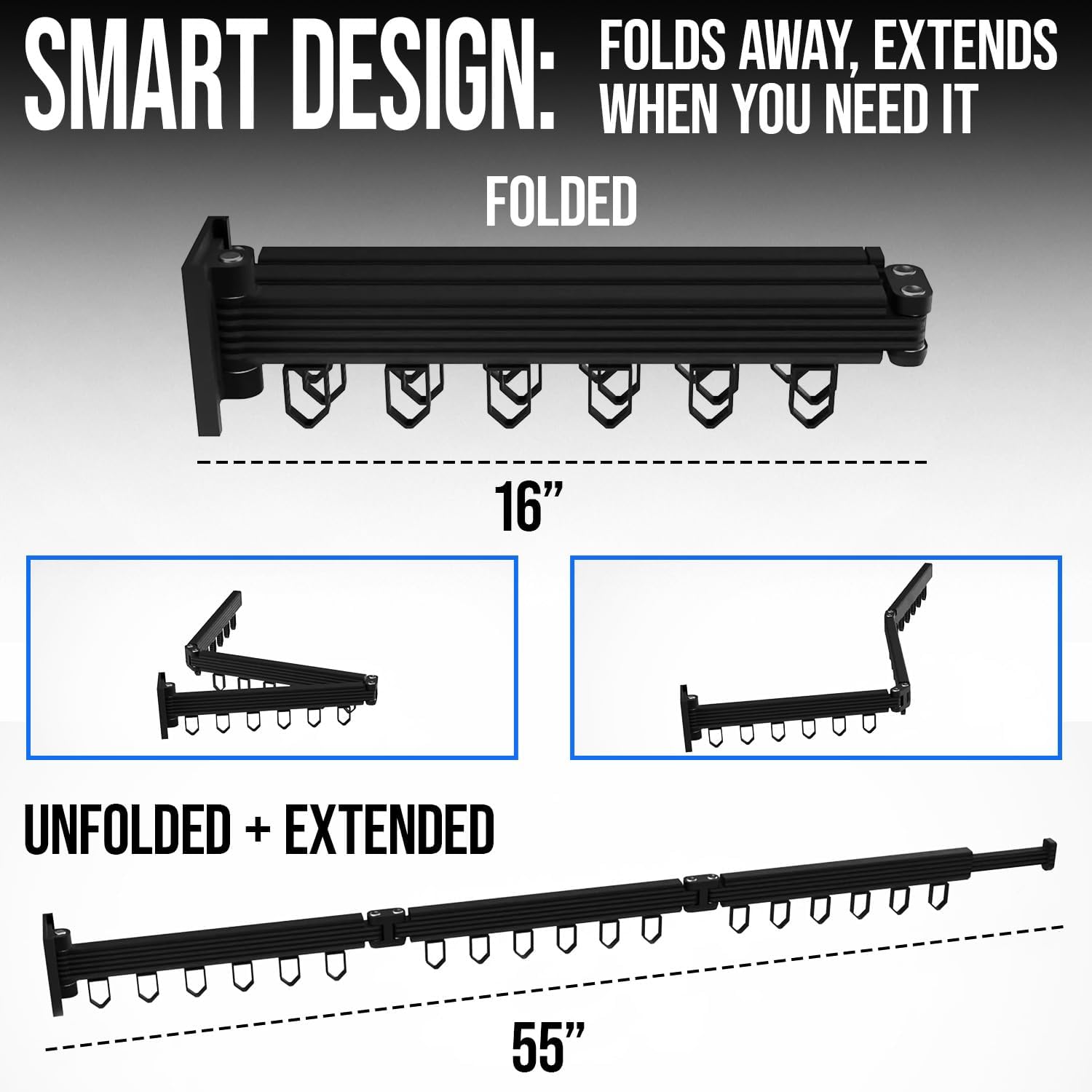 Wall Mounted Drying Rack for Laundry - Foldable Clothes Hanger Dryer with 180° Swivel, 220 lb Capacity, Aluminum Construction, Space-Saving Indoor Outdoor Organizer - Black