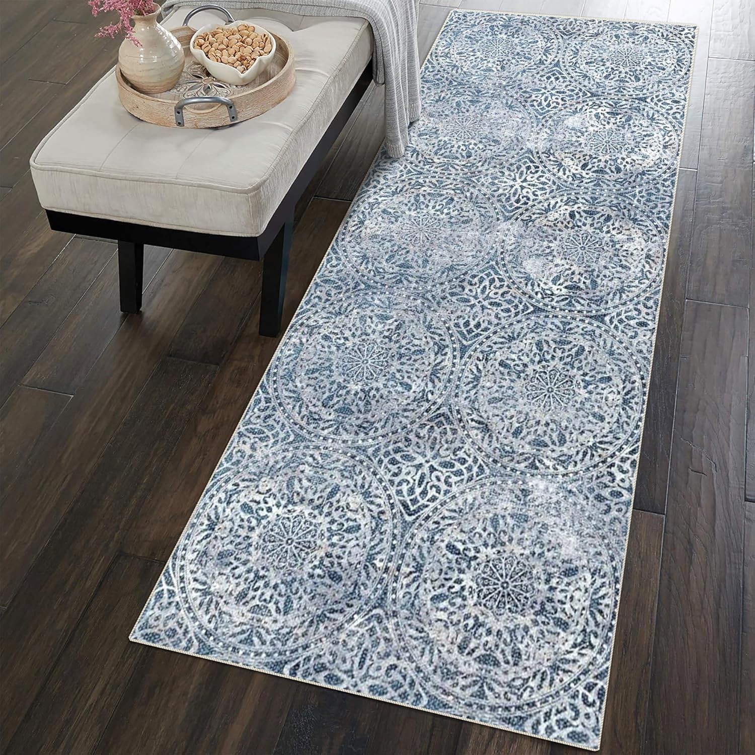 vivorug Runner Rug 2'x8' Machine Washable Non-Slip Runners for Hallways Kitchen Entryway Laundry Room Vintage Medallion Carpet Hallway Runner Blue