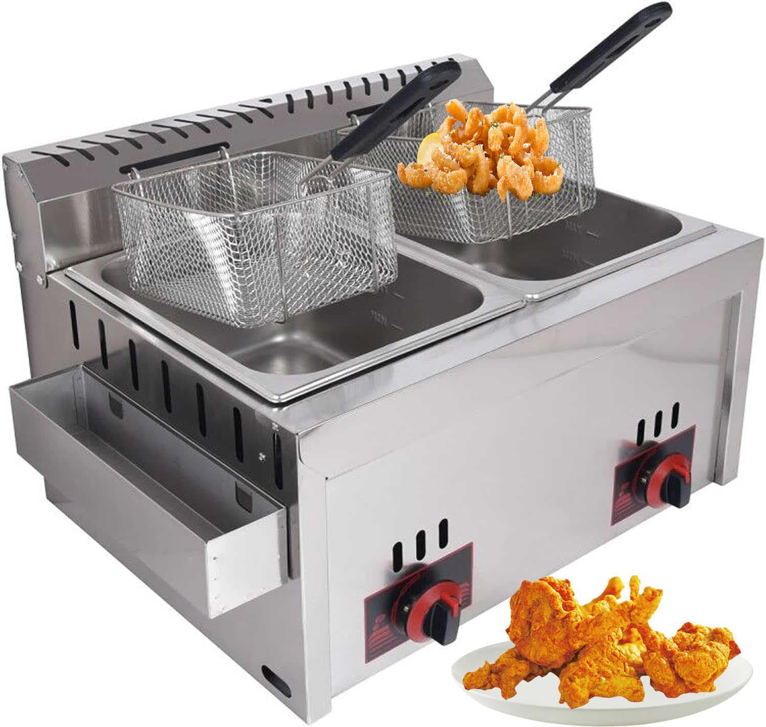 Gas Fryer Stainless Steel Tabletop Double-Slot Deep Fryer for Outdoor Food Cooking | Commercial Outdoor Gas Fryer with Frying Basket and Lid,Suitable for Home Kitchen