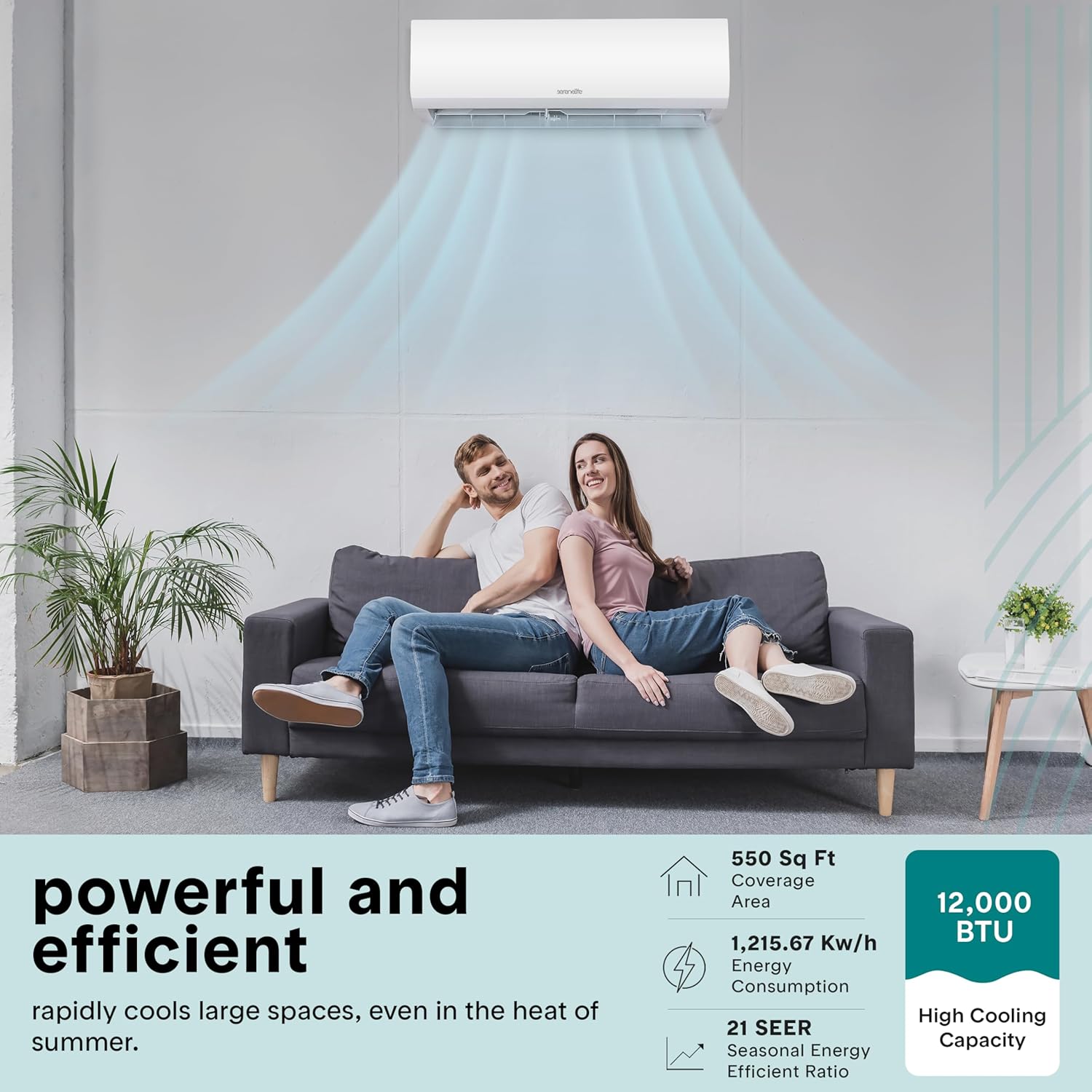 SereneLife 12,000 BTU Mini Split AC & Heating System, 115V Indoor & Outdoor Wall-Mounted Units with WiFi, Installation Kit Included for Home, Office & Bedroom, Up to 550 Sq. Ft. Coverage