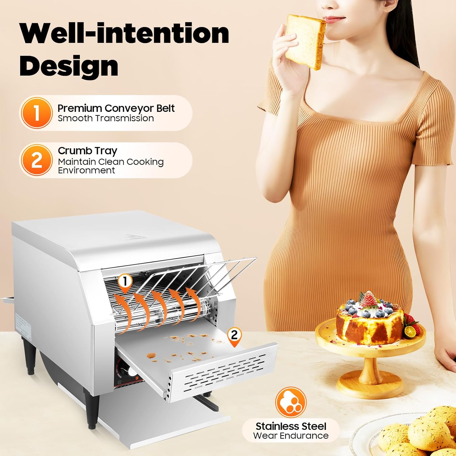 Countertop Conveyor Toaster Oven Restaurant Heavy Duty Industrial Toaster Oven Stainless Steel Tray Toaster Commercial Bread Bagel Toaster 300PCS 2200W