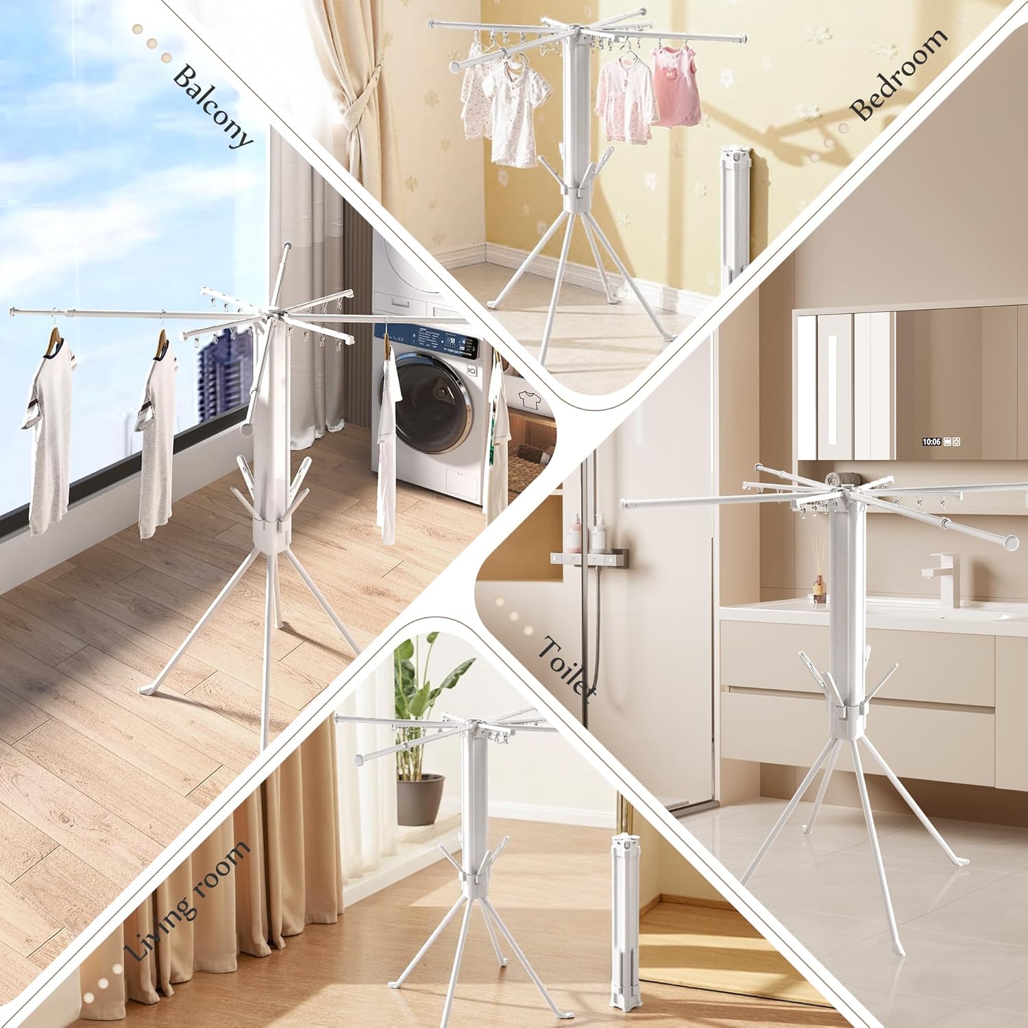 Clothes Drying Rack, Portable Foldable Laundry Drying Rack, Four-Legged Tripod-Style Drying Rack Clothing with Sock Clips & 4 Shoe Holders, Space-Saving Garment Rack for Indoor & Outdoor Use