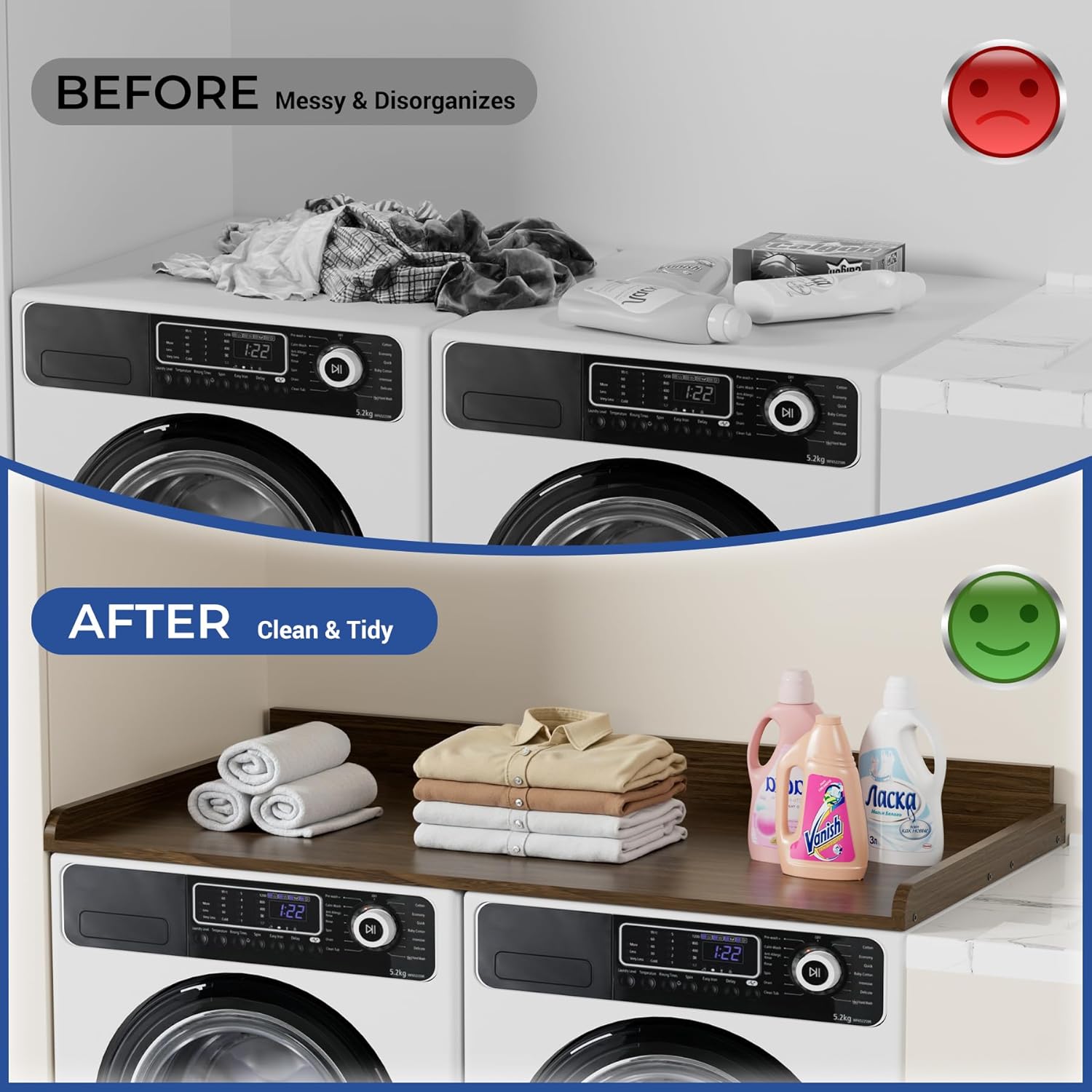 COOLBEBE Washer Dryer Countertop, Wood Washer Dryer Topper with Edge, 54