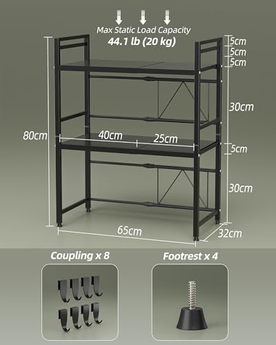 NETEL 2 Pcs Expandable Microwave Stand,3 Tier Metal Kitchen Countertop Organizer Shelves with 8 Hooks,Bakers Rack,Microwave Shelf,Microwave Oven Rack,110lbs Weight Capacity,Black