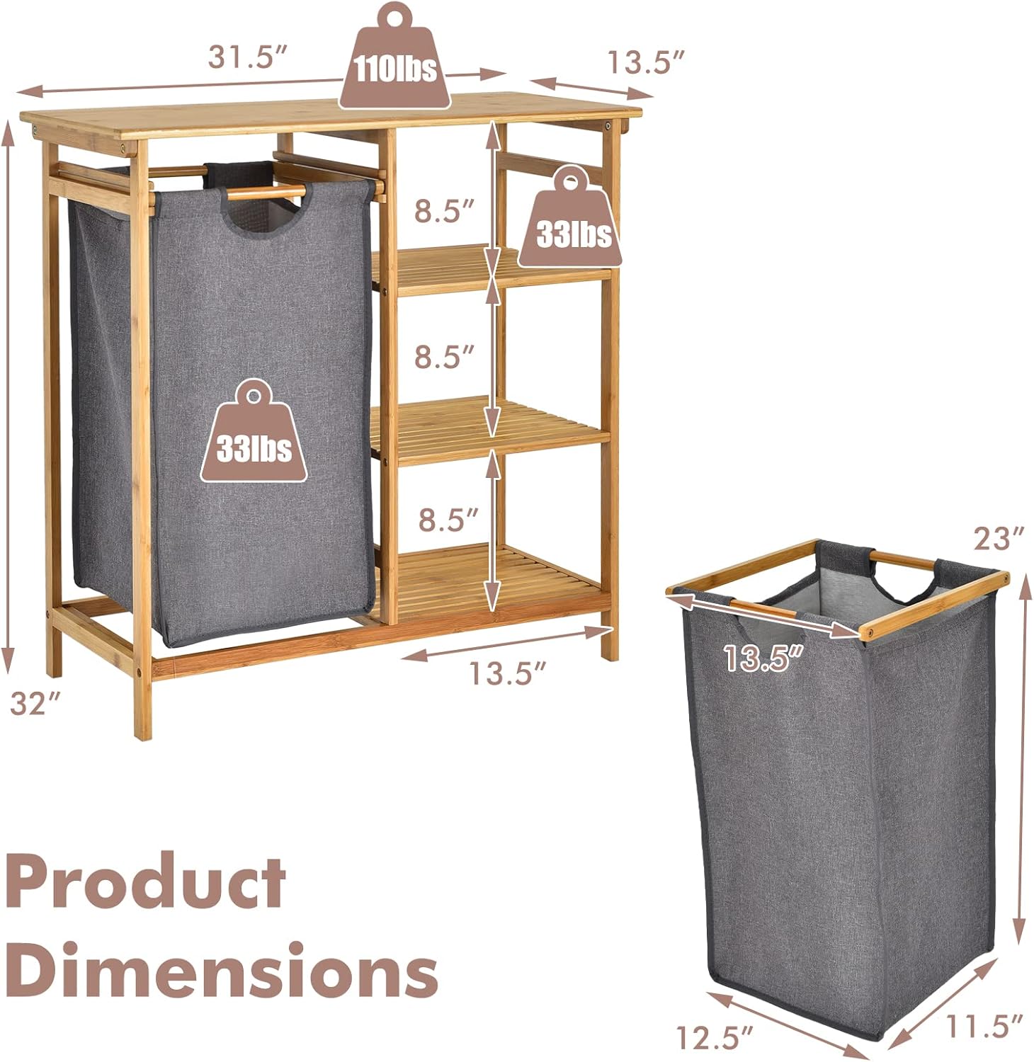 Giantex Bamboo Laundry Hamper Stand, Freestanding Laundry Organizer w/Removable Sliding Bag & 3-Tier Open Shelves, Multipurpose Utility Storage Cabinet for Bathroom, Living Room, Bedroom, Natural