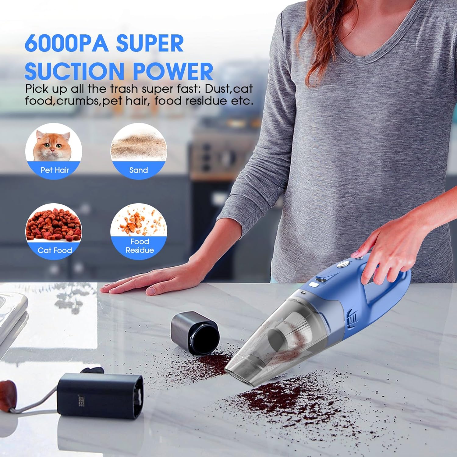 Handheld Vacuum Cordless Rechargeable – 6000Pa Mini Hand Held Vacuum, LED Light, 20–25 Mins Runtime, USB Charging, 500ML Cup – Lightweight Small Vacuum Cleaner Cordless for Car/Office/Home