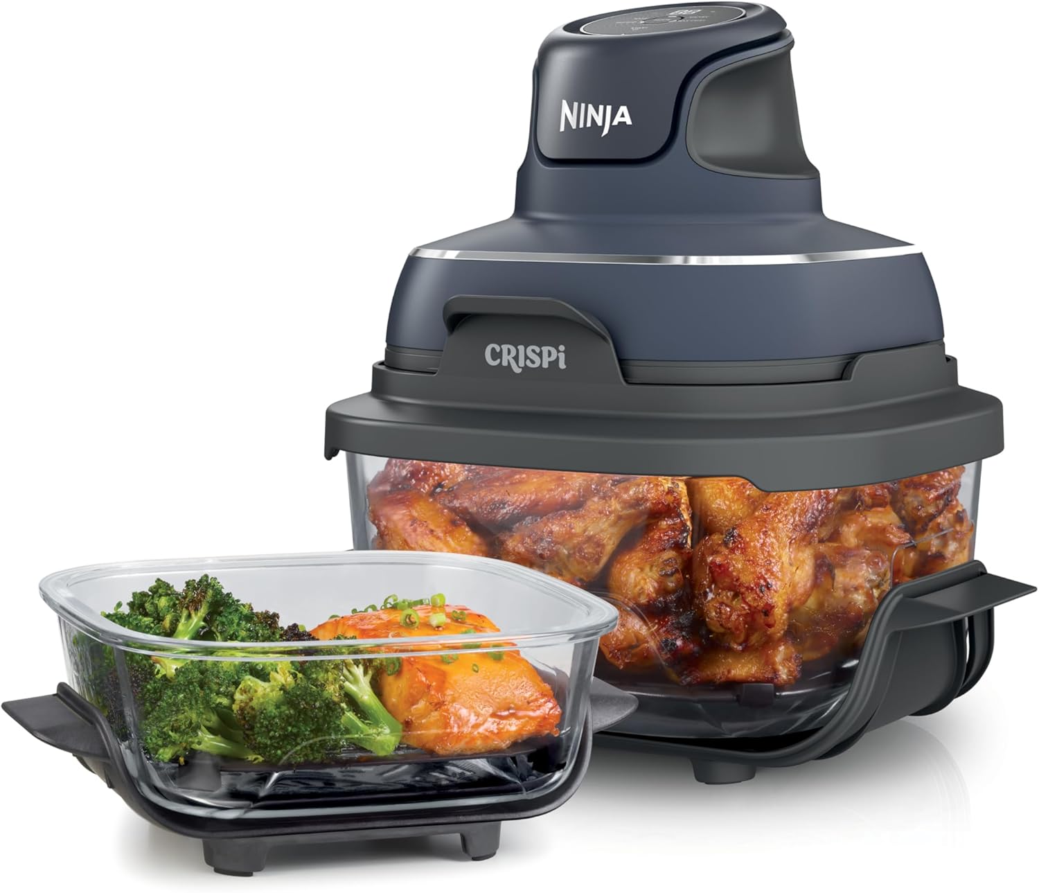 Ninja Crispi Air Fryer, Microwave, Freezer & Dishwasher Safe, Non Toxic Glass Portable Cooking System, 4 QT & 6 Cup Glass Containers with Storage Lids, Easy Meals, Air Fry, Bake, Grey (Renewed)