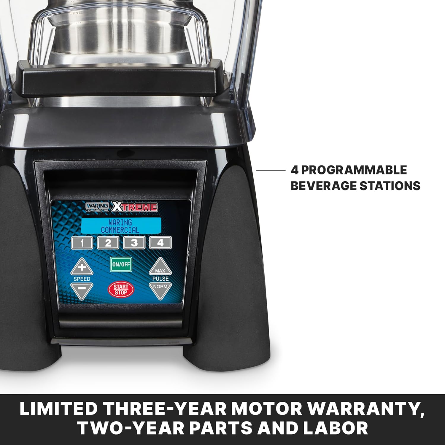 Waring Commercial MX1500XTS 3.5 HP Blender with 4 recipe programable LCD Display, Noise Reducing Sound Enclosure and 64 oz Stainless Steel Container, 120V, 5-15 Phase Plug