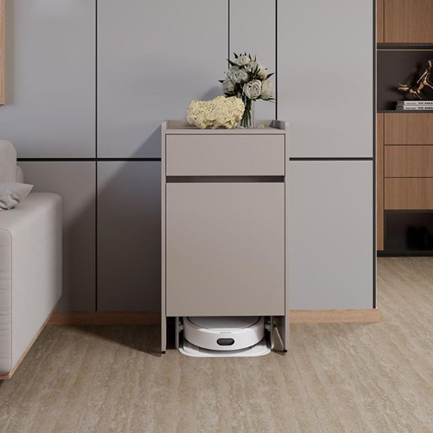 Robot Vacuum Cabinet with Doors & Drawers, Mobile Hidden Storage Cabinet with Wheels, Narrow Corner Wooden Stand for Living Room, Dining Room, Kitchen, Home Office(Champagne)