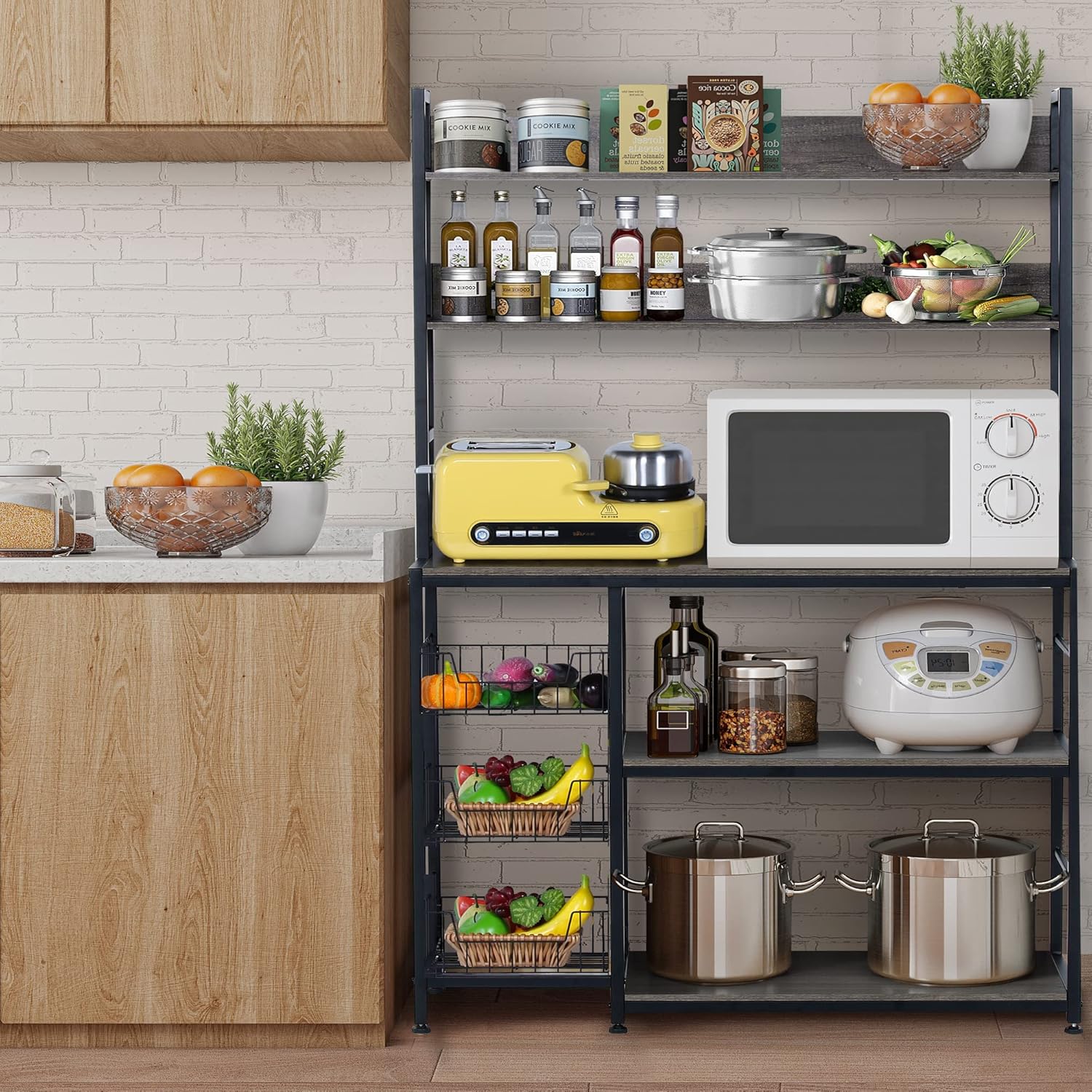 Kitchen Bakers Rack with Baskets,5-Tier Utility Storage Shelf with Hooks, Microwave Oven Stand Rack, Free Standing Kitchen Shelf Vintage Grey