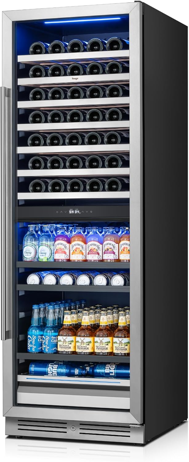 Yeego 24 Inch Wine Fridge – Wine and Beverage Cooler 34°F-65°F, 304 Stainless Steel Glass Door Lock, Temp Memory Blue & White LED Built-in Fridge with Adjustable Shelves (182 Can+77 Bottle)