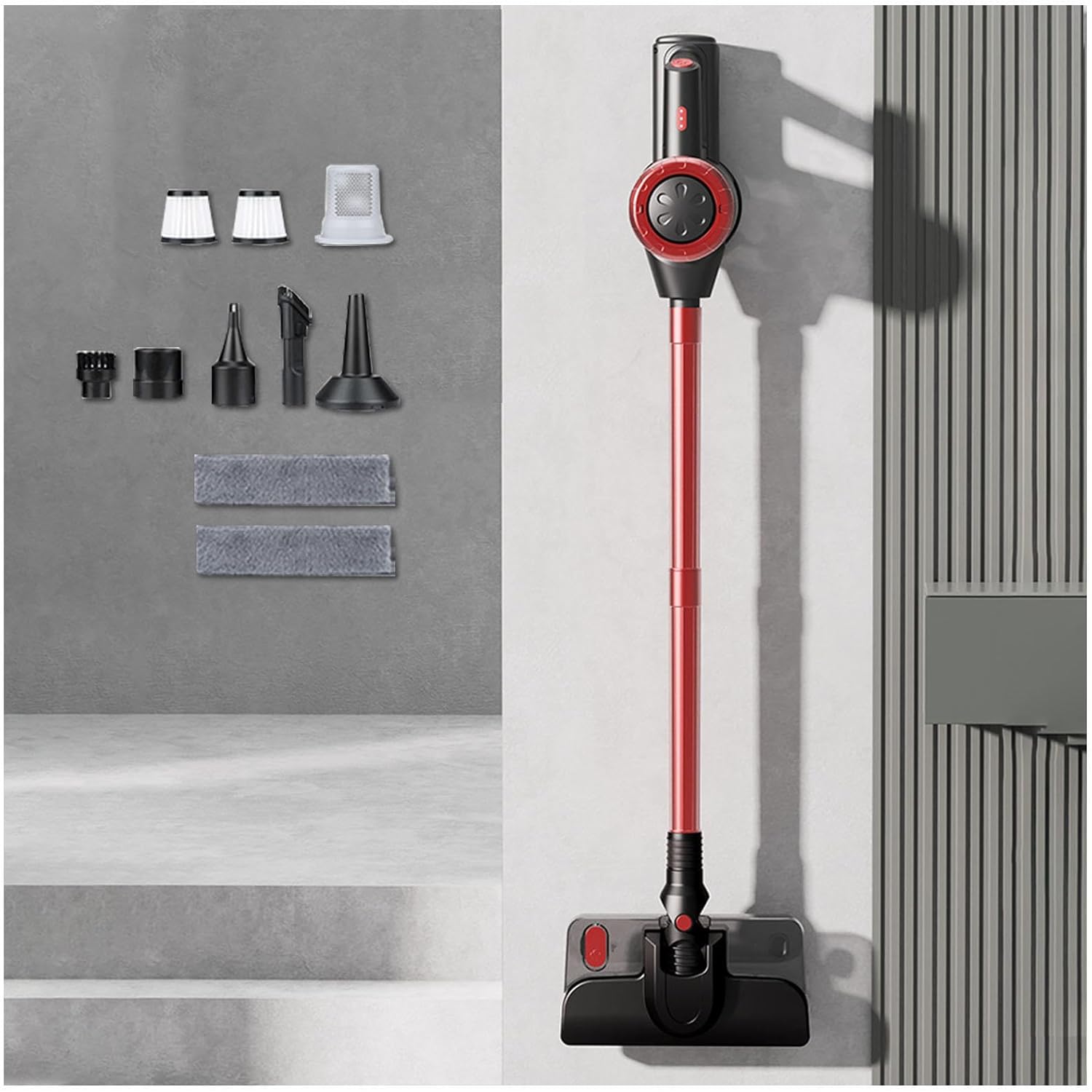 Lightweight Cordless Vacuum and Mop Combo 5 in 1, 18Kpa, 8000mah Battery, Vacuum Cleaner Cordless All in One Cordless Vacuum Mop for Car, Home, Office, Pet Hair Cleaning,Red