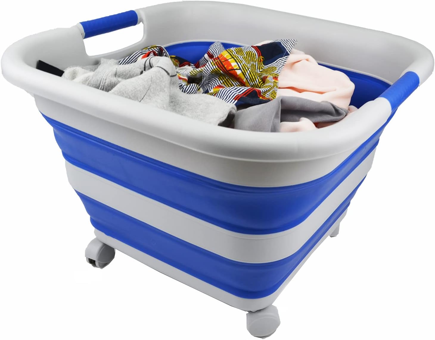 SAMMART 39L (10.3 Gallons) Collapsible Plastic Laundry Basket with Wheels-Foldable Pop Up Storage Container (1, Grey/Purplish Blue)