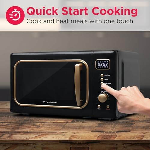 Compact 0.7 Cu. Ft. Retro Countertop Microwave Oven - Stylish Black and Gold Design