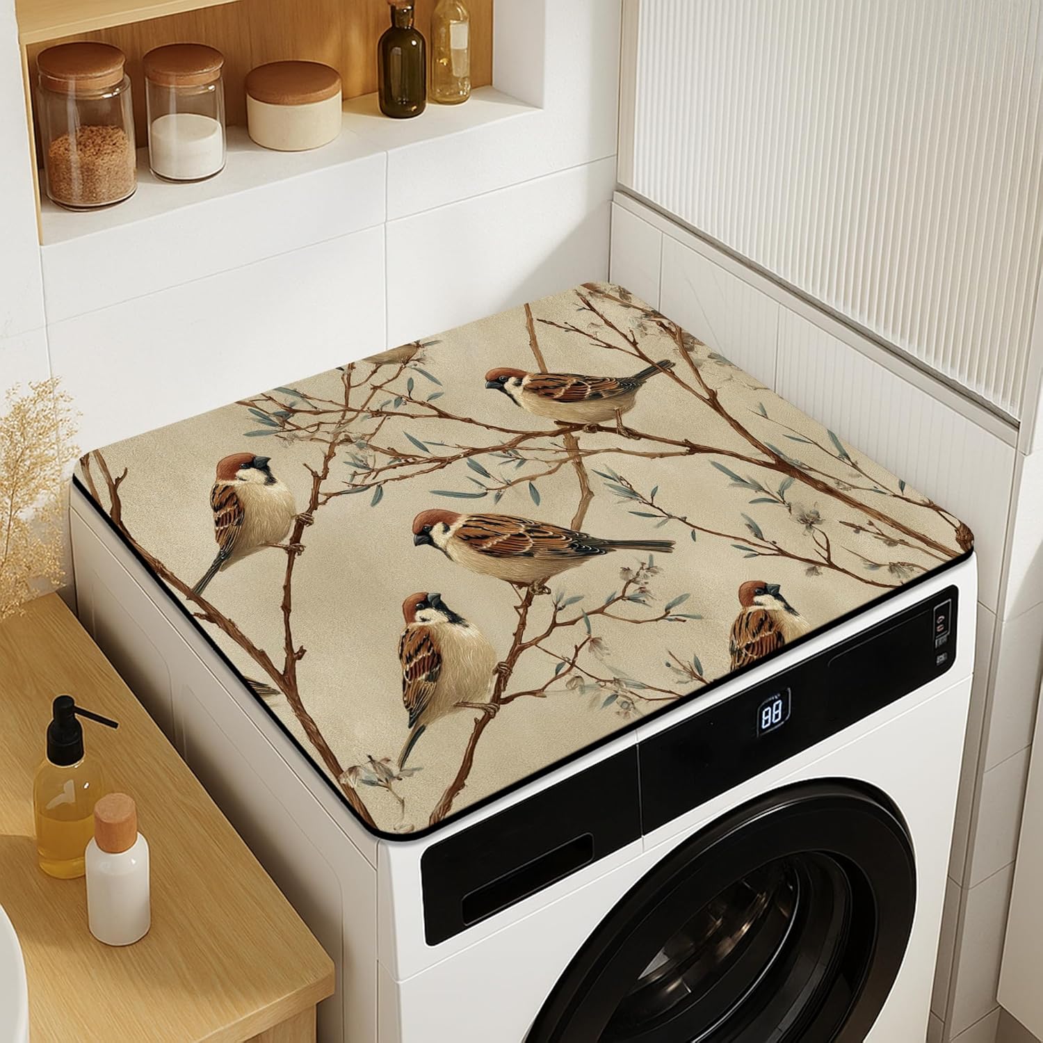 Sparrow Washer Dryer Top Protector Mat, Vintage Botanical Laundry Machine Dust Covers, Spring Decorative Rubber Anti-slip Waterproof Washer And Dryer Mats for Laundry Room 20x24 Inch