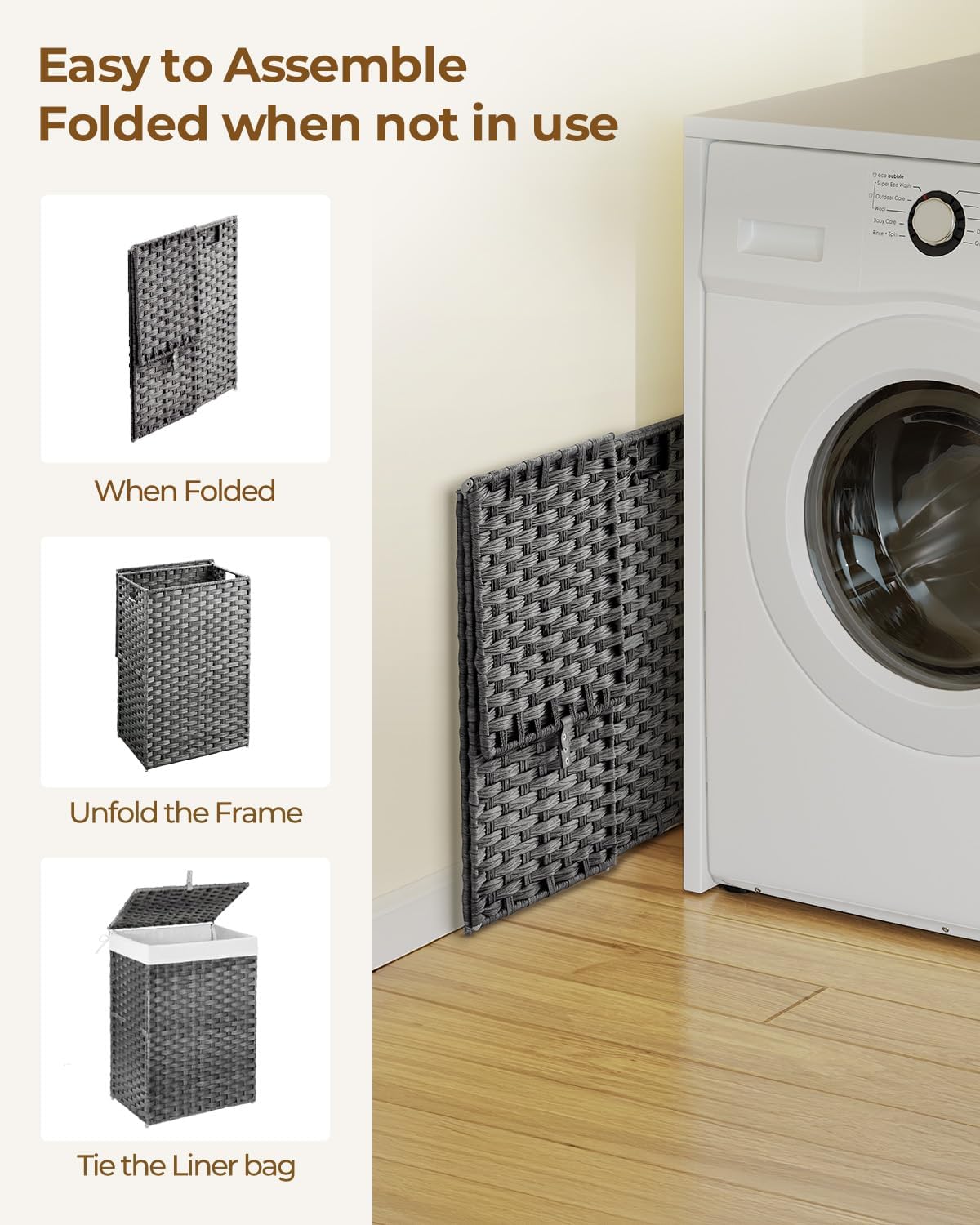 Greenstell Laundry Hamper with Lid, 60L Clothes Hamper with 2 Removable Liner Bags & 2 Mesh Laundry Bags, Handwoven Synthetic Rattan Laundry Basket for Clothes, Toys in Bathroom, Bedroom Grey