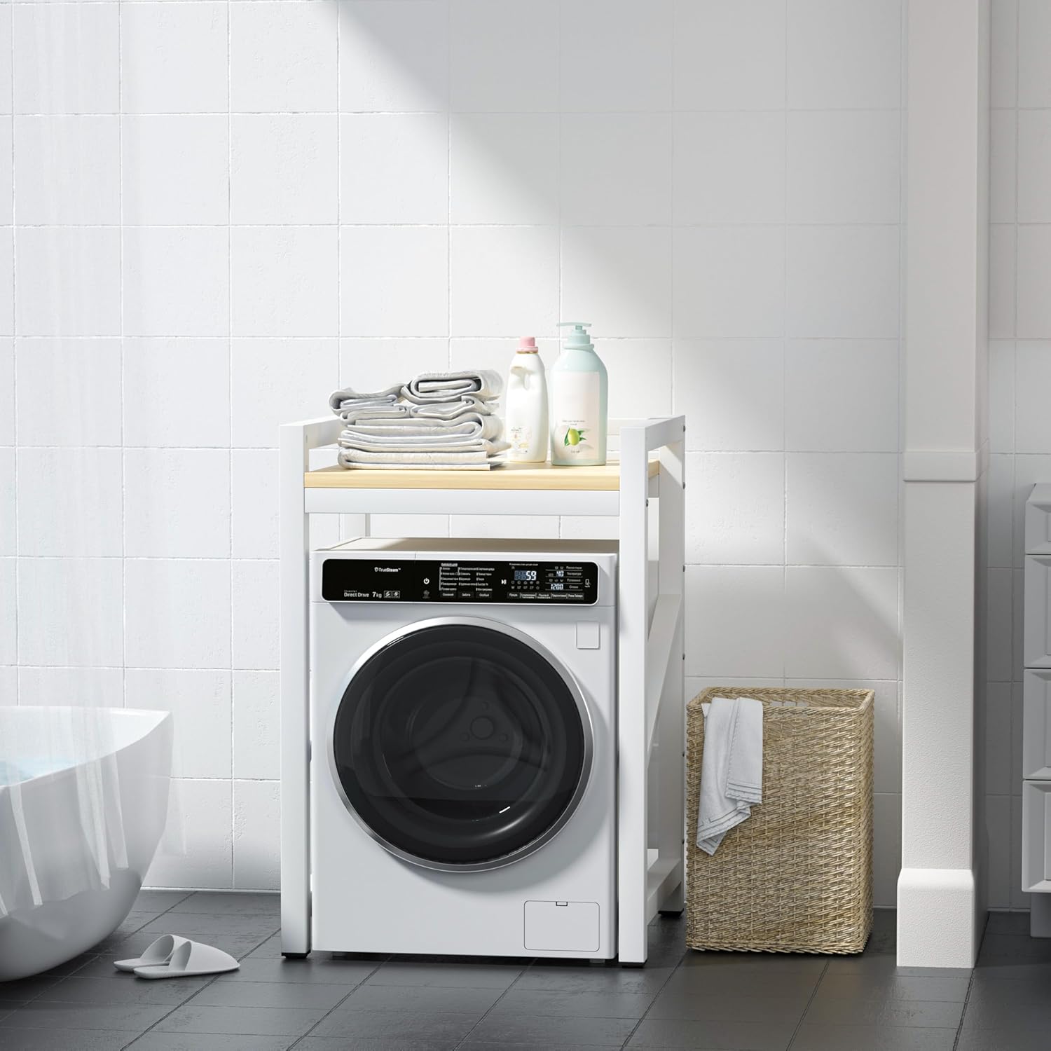 Washer Dryer Stacking Rack Kit 29.5in, Over the Washer and Dryer Storage Shelf for Laundry Room, Bathroom, Heavy Duty, Height Adjustable, 1.2mm Wall Thickness 660lbs Capacity (White, 29.5in)