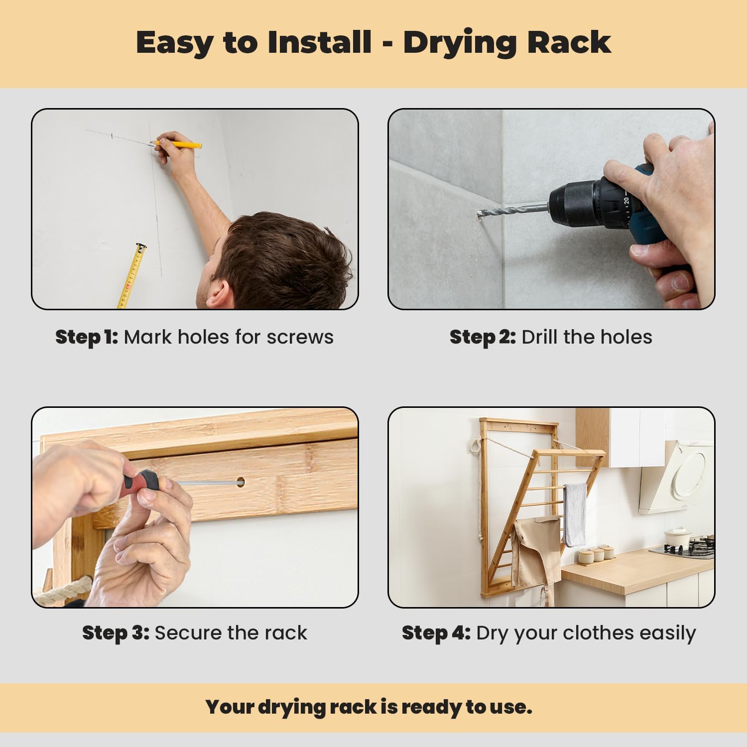 Clothes Drying Rack, Foldable Bamboo Wall Mounted Laundry Rack – Space-Saving, Drop-Down Design – 23