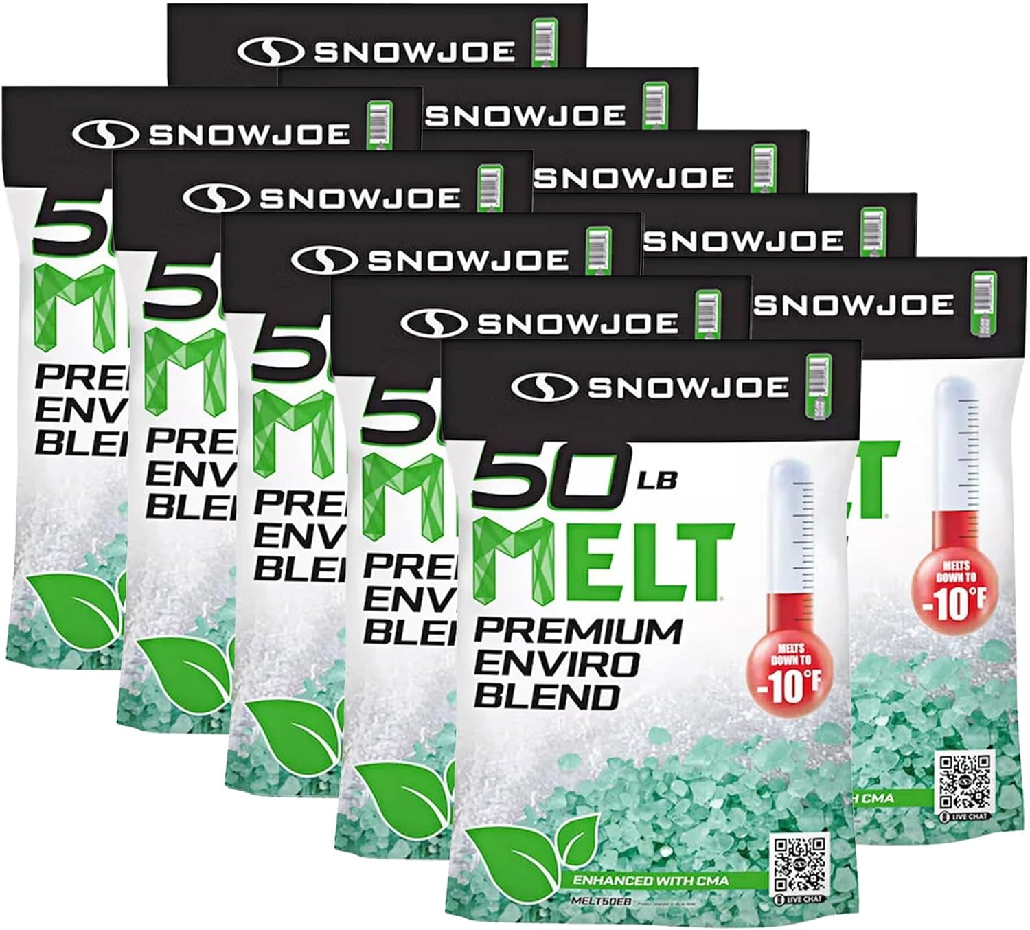 Snow Joe 10 Pack Premium Enviro Blend Snow & Ice Melt, Green-Coated Deicer Crystals, 50 lb - Safer Melter for Vegetation, Concrete & Metals