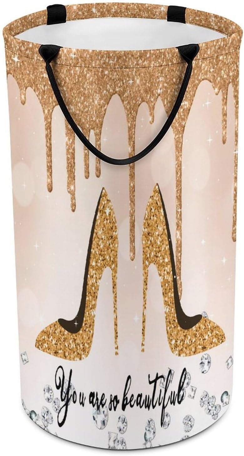 Yellow And High Heel Laundry Basket Large Volume,High Heels Shoe Feminine Glitter Pattern Dirty Clothes Basket Hampers Storage for Dorm And Family 15.7W
