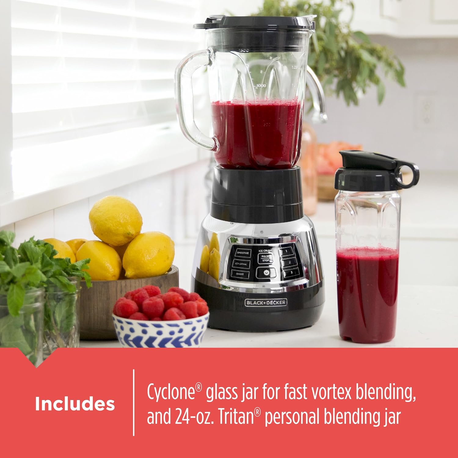 Black+Decker Quiet Blender with 6-Cup Cyclone Glass Jar, 3 Speeds + 3 Functions & Serrated Blade Technology for Faster Blending, Pulse Button and 24-oz Personal Jar, 900W