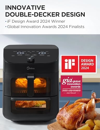 Midea Dual Basket Air Fryer Oven 11 Quart 8 in 1 Functions, Clear Window, Smart Sync Finish, Works with Alexa, Wi-Fi Connectivity, 50+ App Recipes for family meals, Bake, Roast, Grill, Broil, Toast