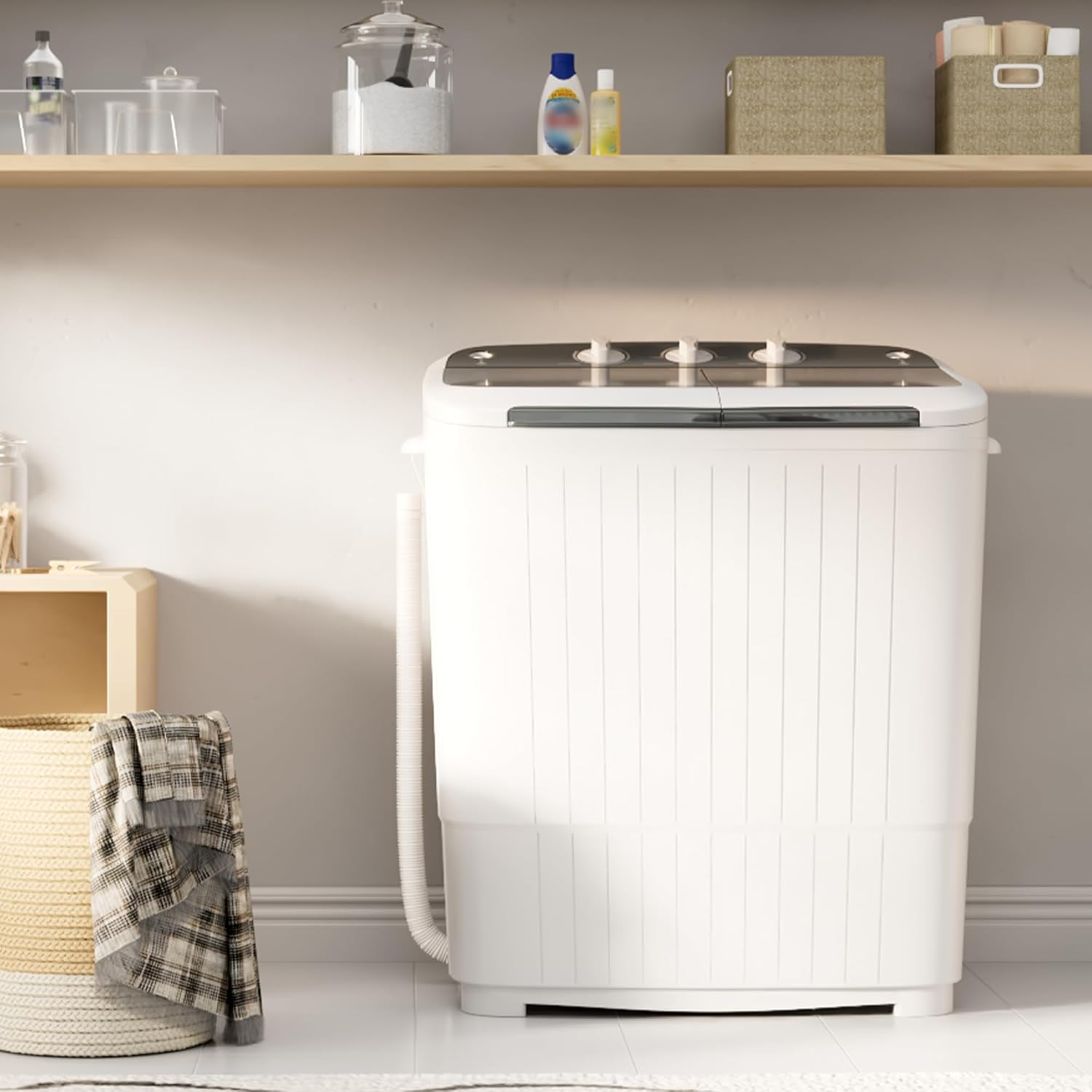 SUNCROWN Portable Washing Machine 16lbs, Mini Semi Automatic Semi Washer Semi Compact Twin Tub, Energy-Saving Laundry Combo with Extended Drain Hose & Pump for Dorms, Apartments, RV, (Black&White)