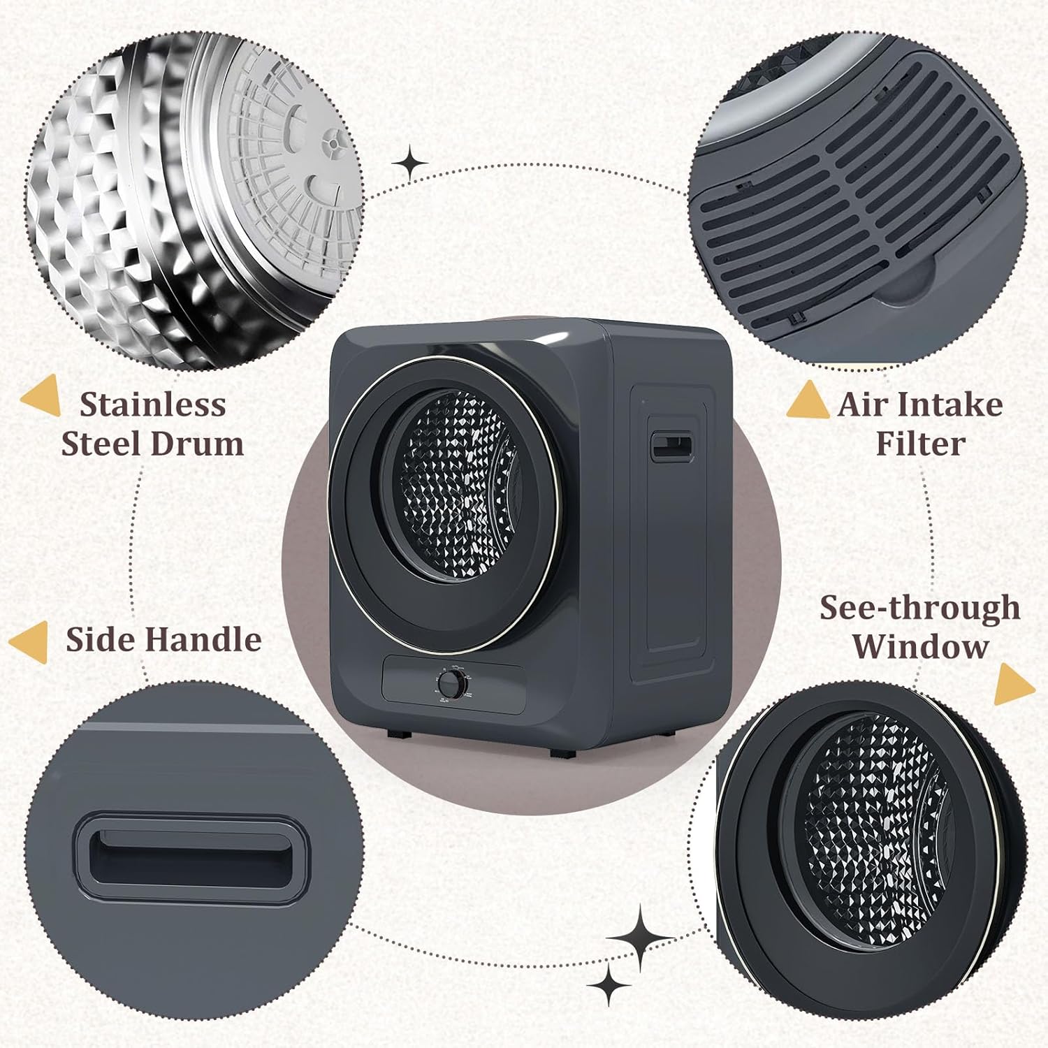 Auertech 1.5 Cu.Ft Portable Clothes Dryer, 850 W Front Load Electric Dryer Machine with Stainless Steel Drum, Simple Control Knob, Compact Tumble Dryer for Laundry Apartment, Dorm, RV, Grey