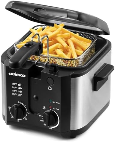 CUSIMAX Electric Deep Fryer for Home Use, 2.5 Liter 1500W Small Deep Fryer with Basket, Adjustable Temperature & Time, Lid with View Window and Odor Free Filter