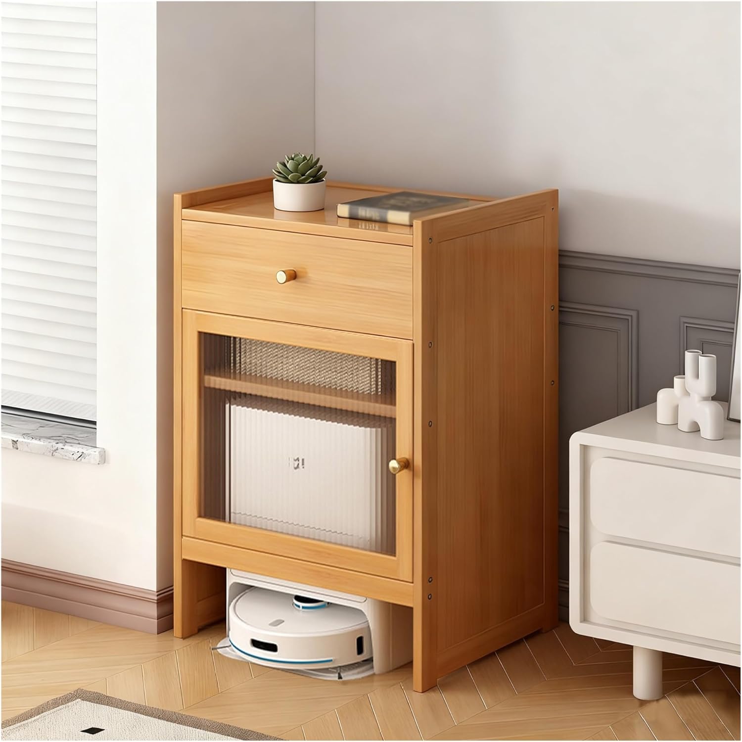 Robot Vacuum Storage Cabinet, Robot Vacuum Hidden Storage Cabinet Accent Side Tables for Living Room, Home Office, Kitchen, Save Space(Natural)