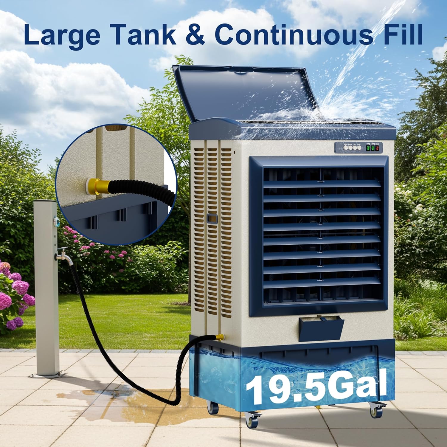 Swamp Cooler, 6550CFM Evaporative Air Coolers with 19.5 Gal Tank, Windowless Air Conditioner 3 Speeds for Outdoor Use, 49 Inch Air Cooler Water Fan for Patio, Garage, Shop, Commercial Grey
