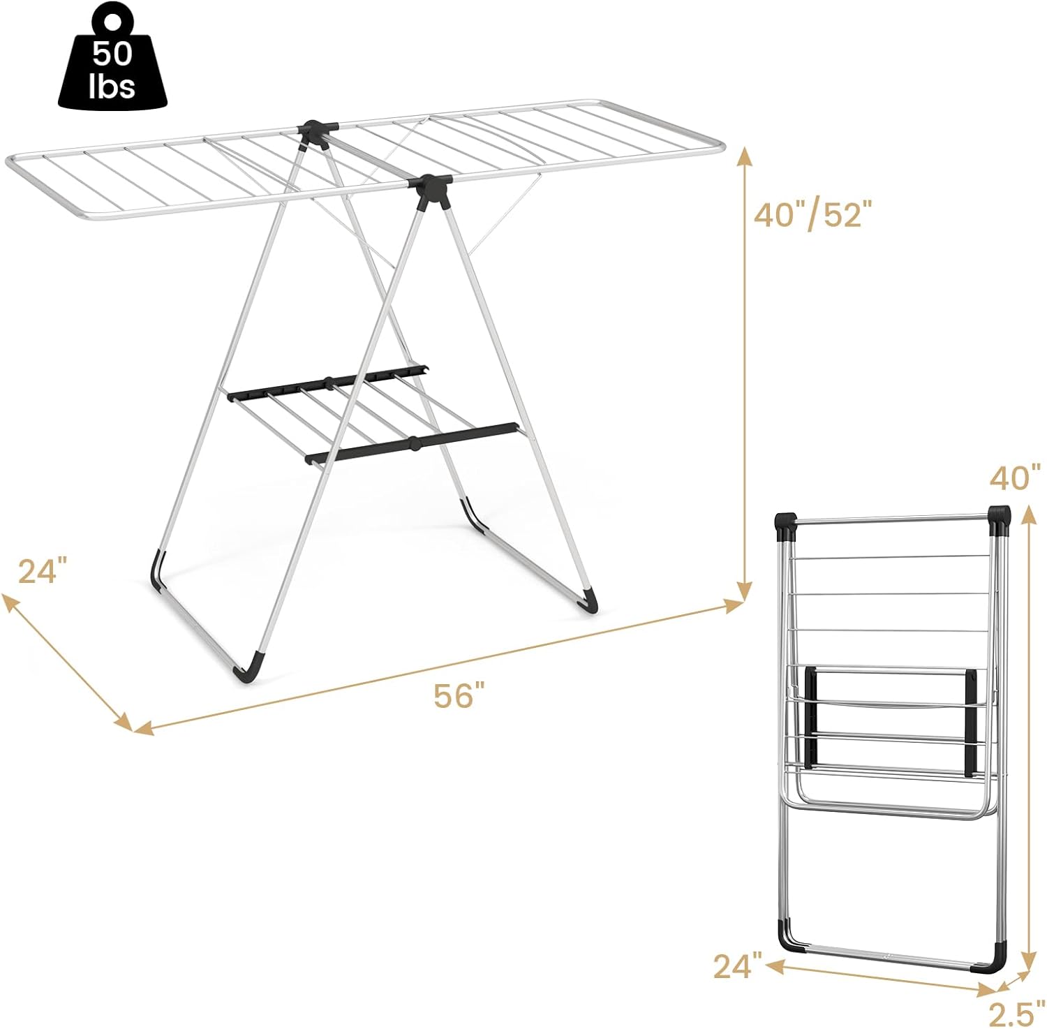 Tangkula Collapsible Clothes Drying Rack, 2-Level Folding Aluminum Drying Rack w/Height-Adjustable Wings, Bottom Shoe Rack, Space-Saving Laundry Drying Rack for Indoor & Outdoor Use, Silver