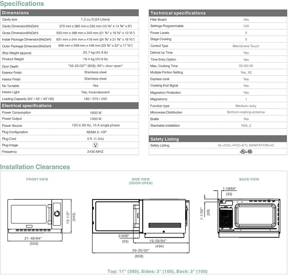 Commercial Microwave Oven, ETL 1000w 1.2 cu.ft. Countertop