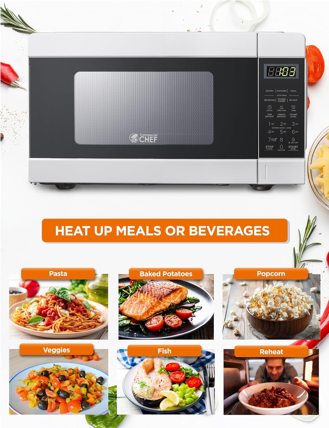 Commercial CHEF CHM990W 900 Watt Counter Top Microwave Oven, 0.9 Cubic Feet, White Cabinet