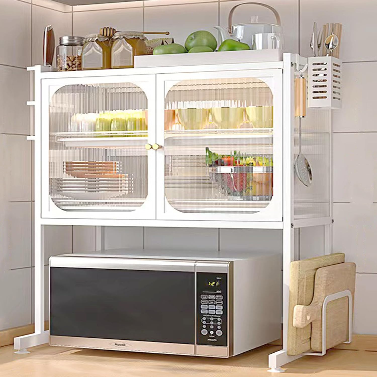 Kitchen Countertop Microwave Oven Rack,Microwave Stand,Microwave Shelf with Storage Cabinet,Suitable for Tabletop Tableware Storage in Kitchens and Restaurants (White)