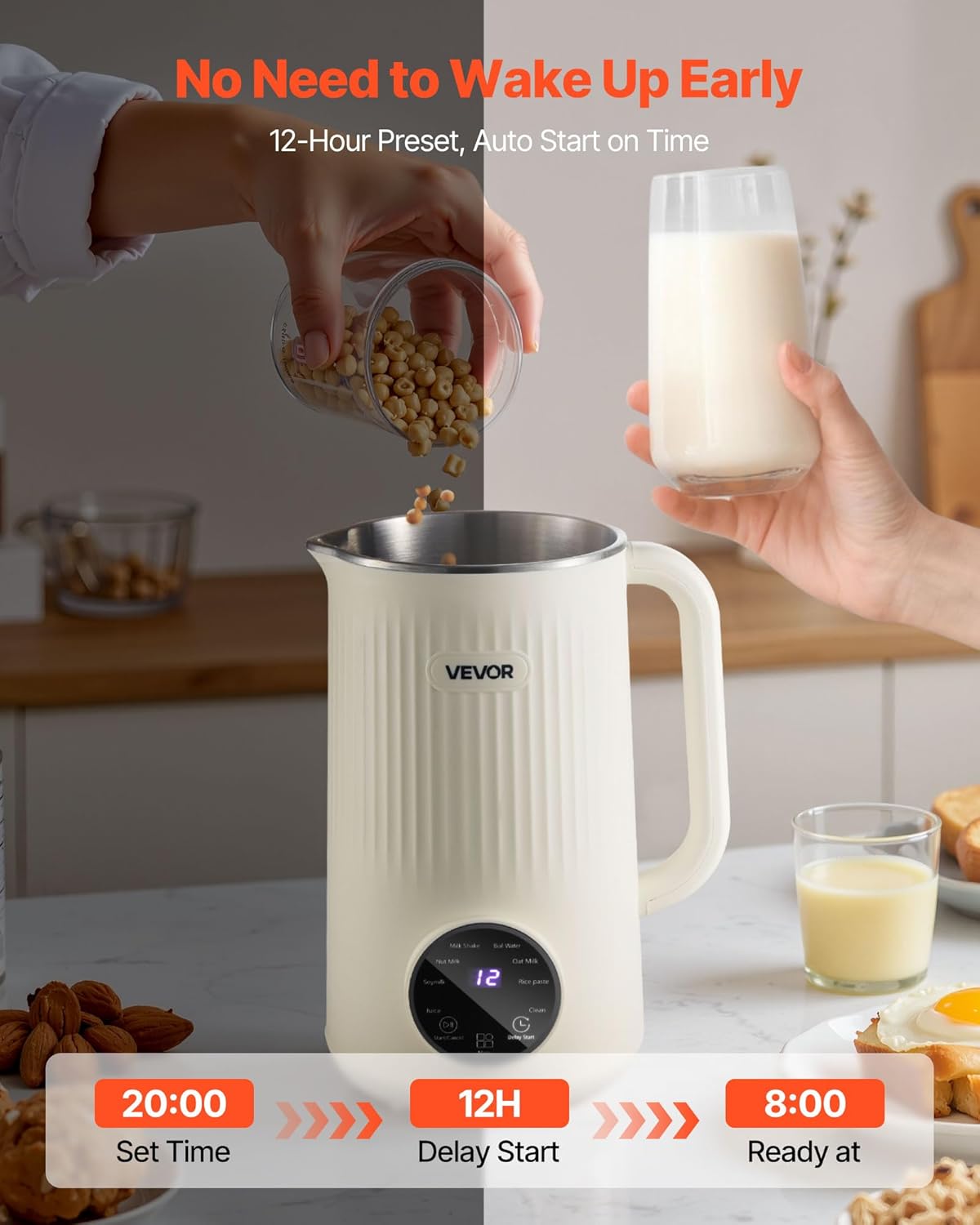 VEVOR 8-in-1 Nut Milk Maker, 41 oz Soy Milk Maker Machine with 10 Blades, for Homemade Oat, Nut, Soy, Juice, Milkshake, Rice Cereal, Plant-Based Beverages with Self-Cleaning, Boil Water, 12-Hour Delay